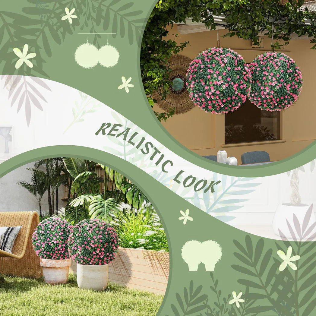 HOMCOM Set of Two Artificial Boxwood Balls Plants – Pink
