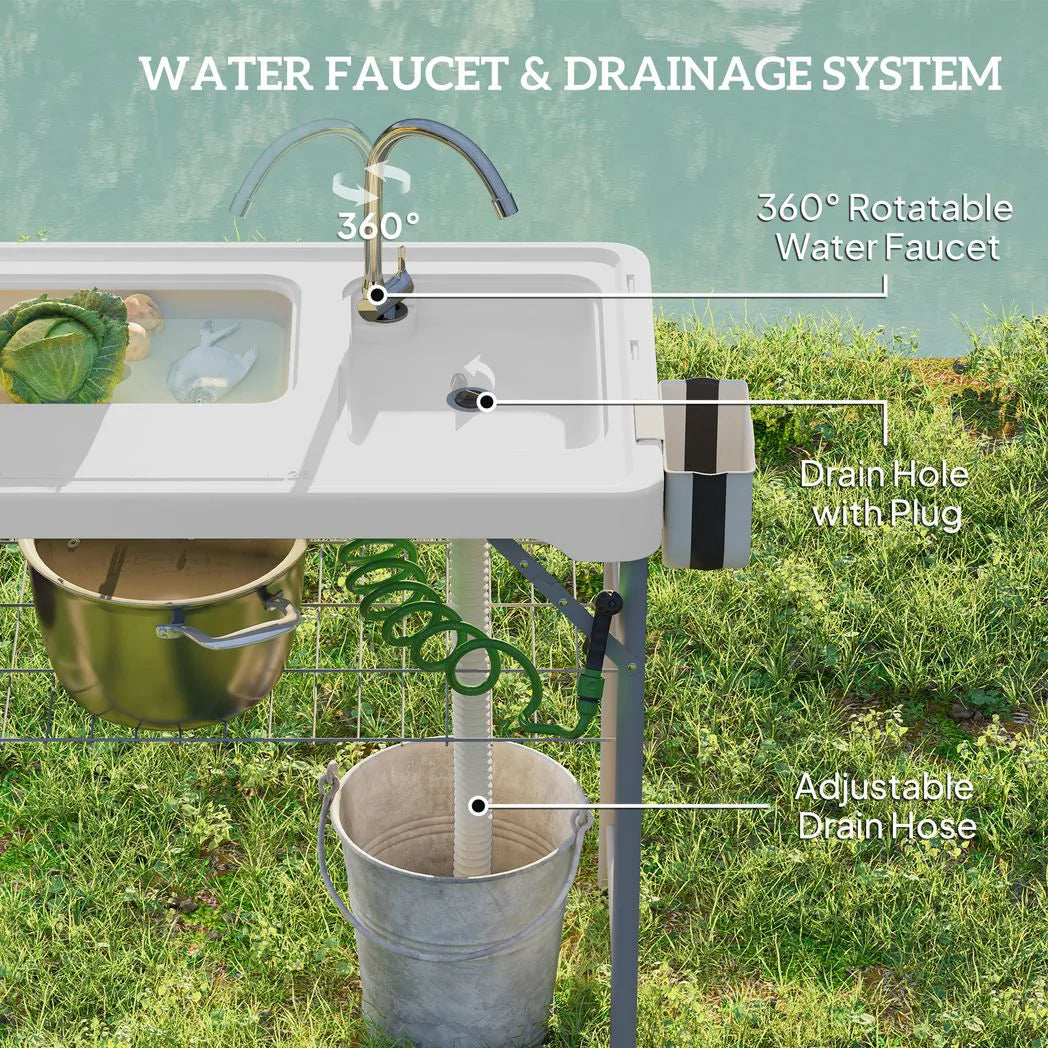 Outsunny Folding Fish Cleaning Table with Two Sinks, Faucet & Drainage Hoses – Portable Camping Sink Table