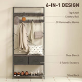HOMCOM Industrial Hall Tree Coat Rack with Shoe Bench, 10 Removable Hooks, 2 Fabric Drawers and Clothes Rail – Grey