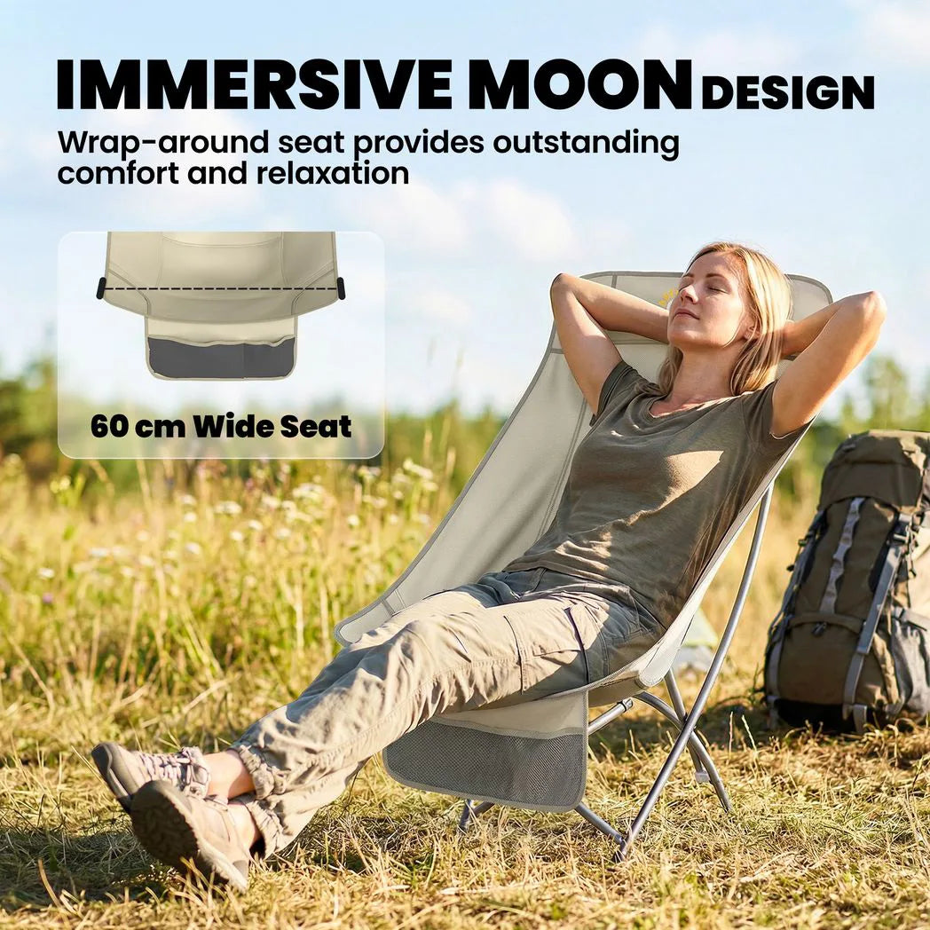 Outsunny Heavy Duty Folding Camping Chair with Side Pocket and Carry Bag, 120kg – Moon Chair, Khaki