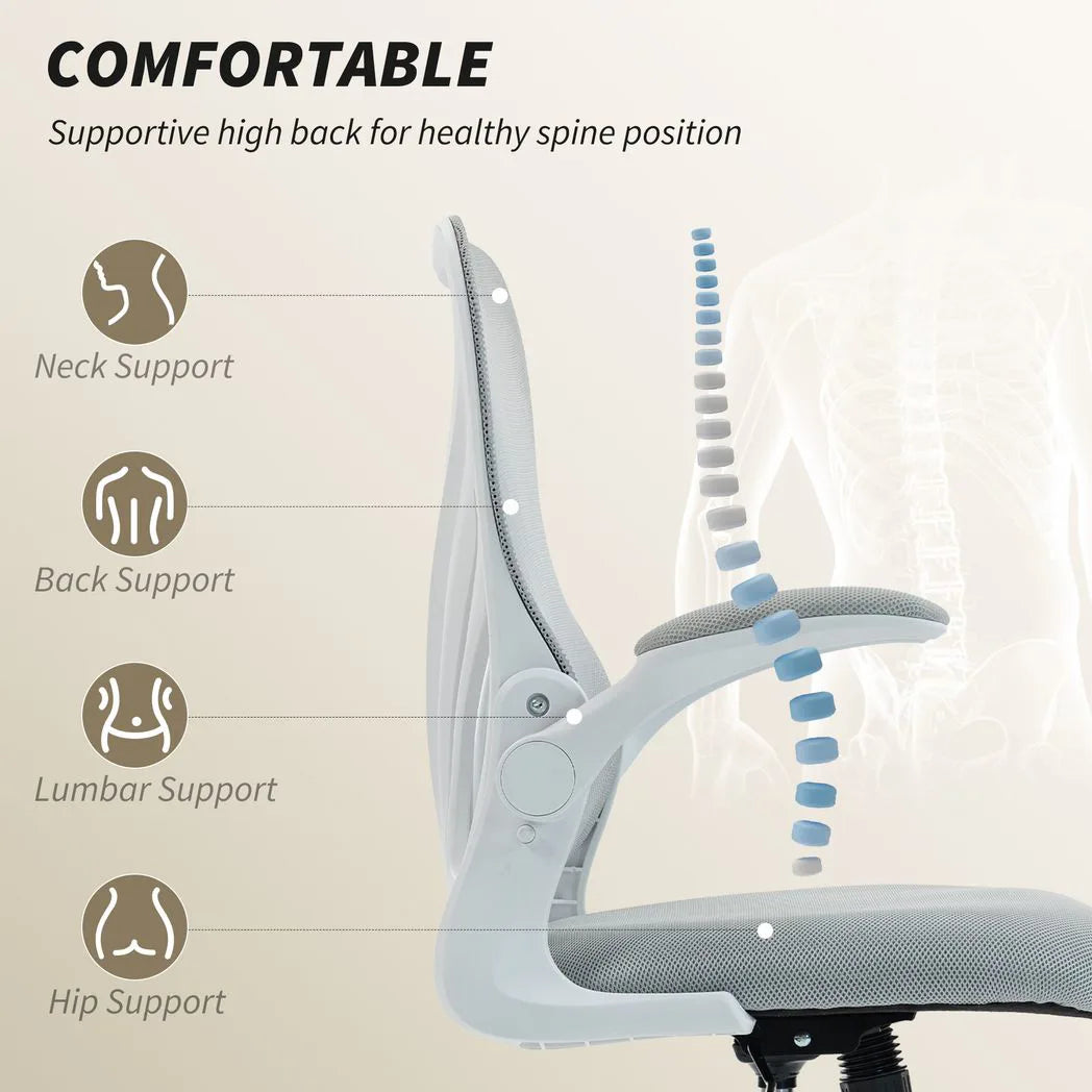 HOMCOM Mesh Office Chair with Foldable Backrest & Flip-Up Arms – Space-Saving Computer Desk Chair, Light Grey