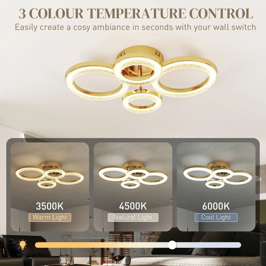 HOMCOM 4-Ring LED Flush Mount Ceiling Light with 3 Colour Temperatures – Modern Lighting, Gold Tone