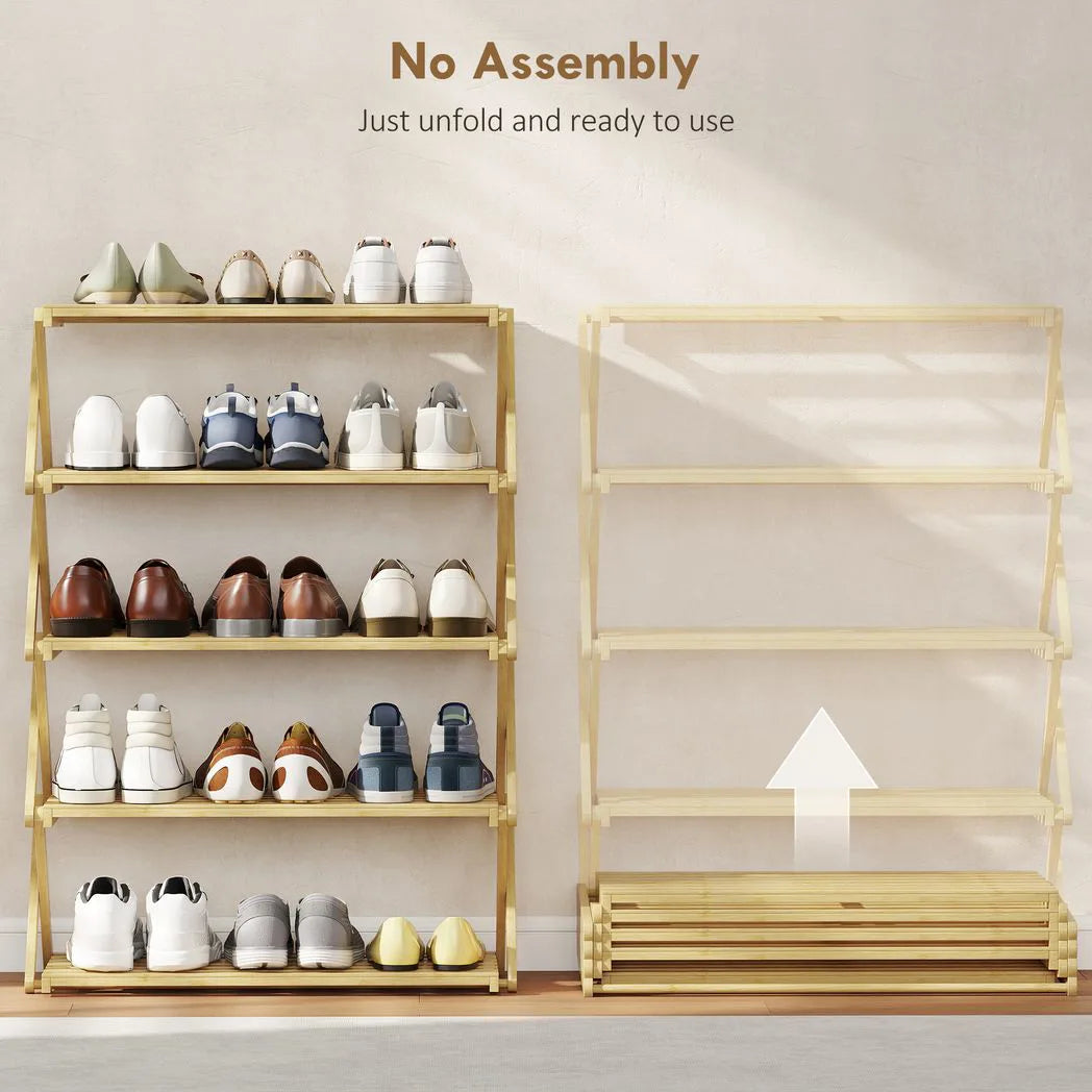 HOMCOM 5-Tier Folding Bamboo Shoe Rack – Holds 15 Pairs, No Assembly, Natural
