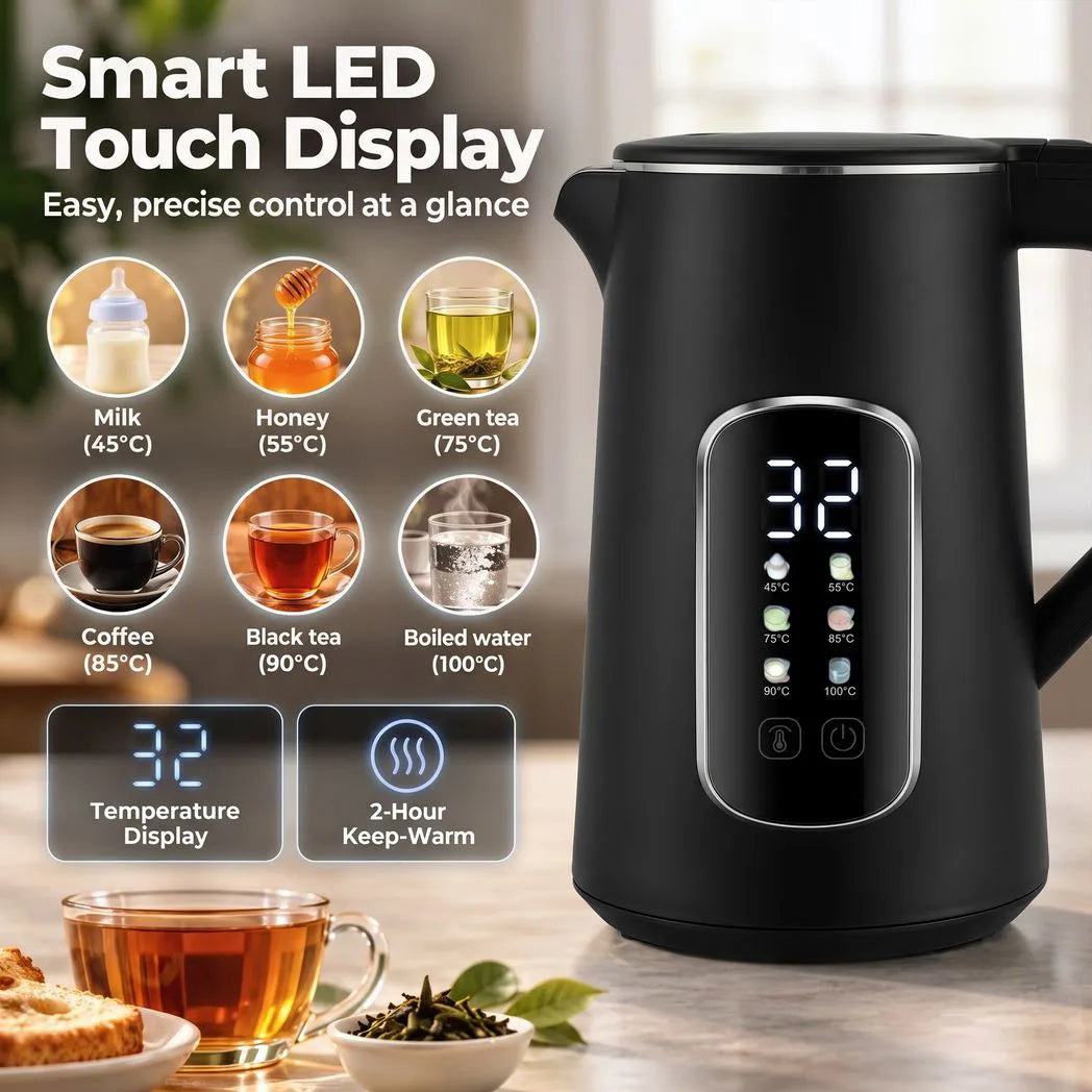 HOMCOM Kettle and Toaster Set with LED Touch Screen – Strix Kettle and 2-Slice Toaster, Black