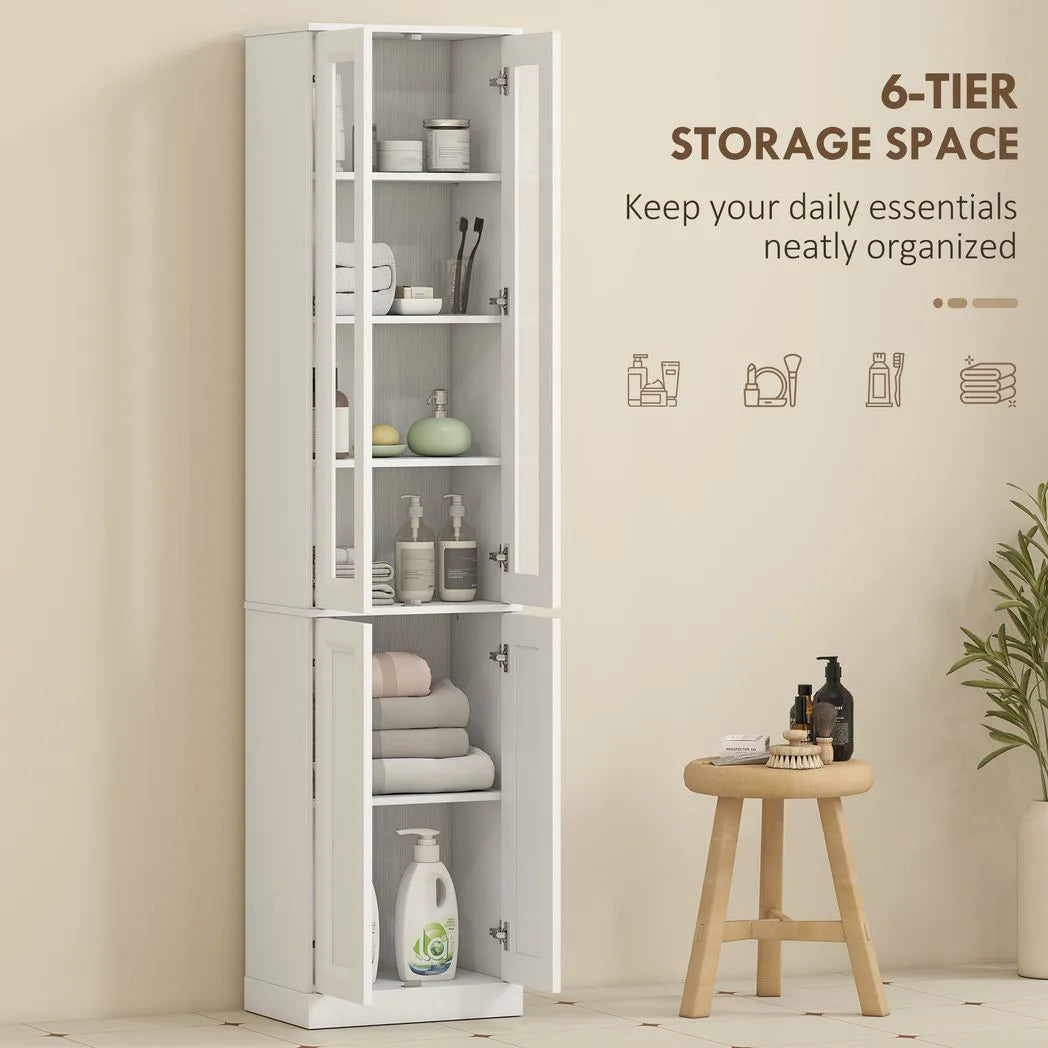 HOMCOM Tall Bathroom Storage Cabinet with 6 Tiers, Adjustable Shelf and 4 Soft-Close Doors – Slim Floor Cabinet, White