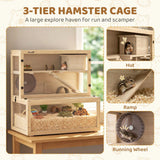 PawHut Wooden Hamster Cage with Hut, Wheel, Ramps and Removable Viewing Panels, 80 x 50 x 84 cm, Natural