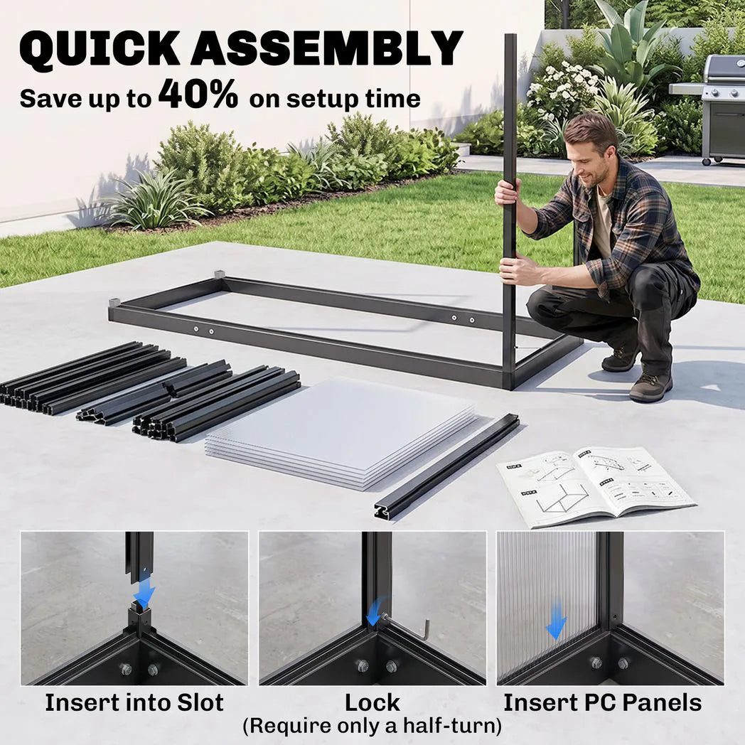 Outsunny 5.5 x 2ft Polycarbonate Walk-In Greenhouse with Push Door, Roof Vent & Rain Gutter – Quick Setup, Black