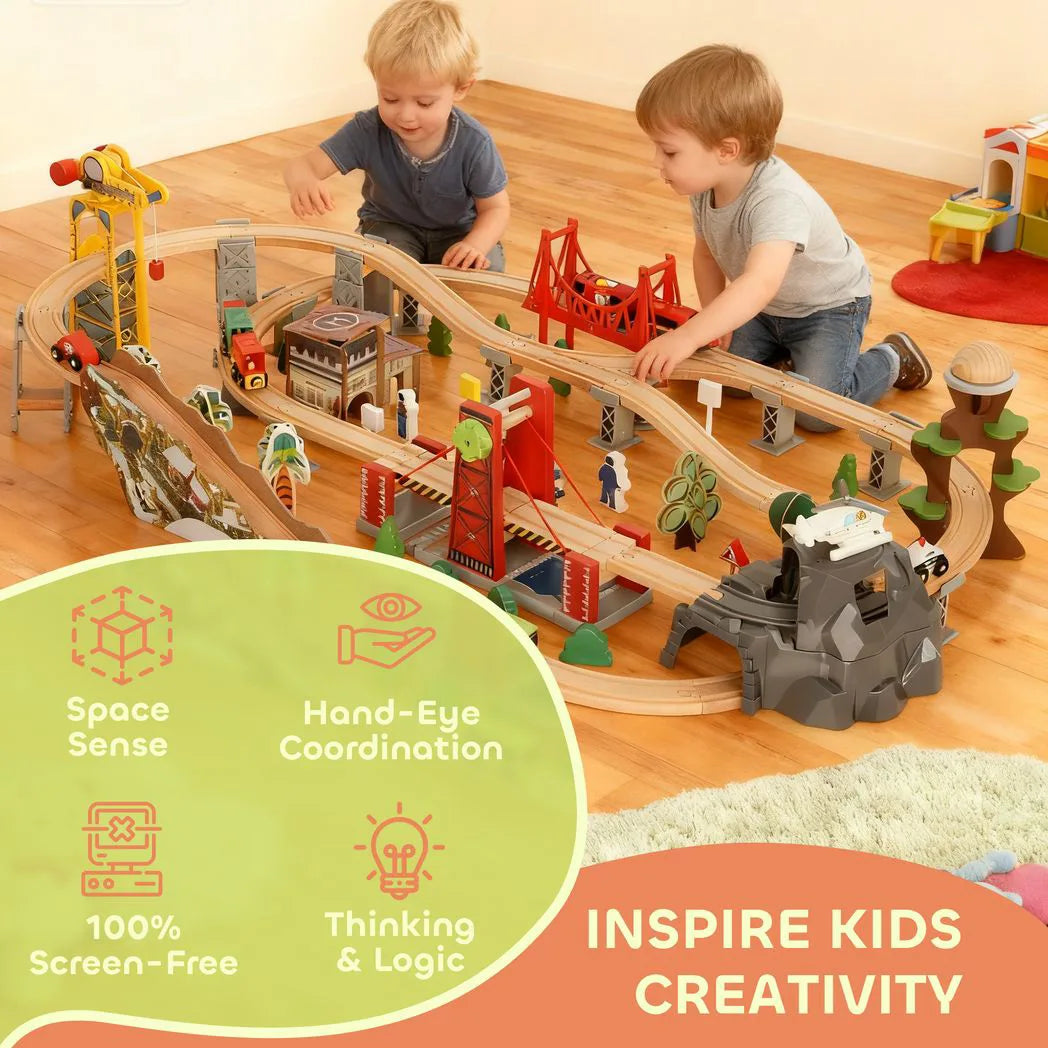 AIYAPLAY 100 Piece Wooden Train Set with Track, Crane & Battery Operated Train – Beechwood Toy, Ages 3+