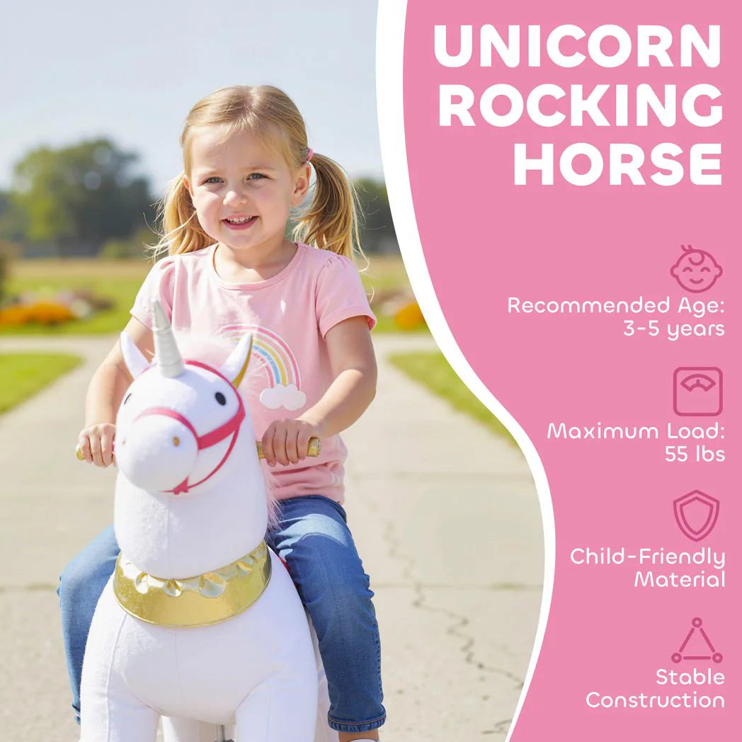 AIYAPLAY Kids Rocking Horse with Wheels & Pedals – Plush Walking Ride-On Unicorn Toy for Ages 3-5, White