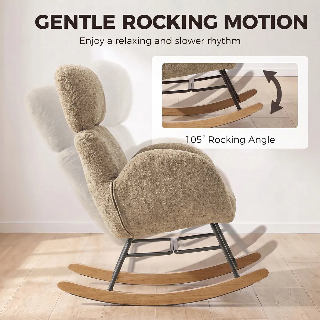 HOMCOM Upholstered Rocking Chair with Adjustable Headrest – Raindrop Velvet, Rubberwood Base, Light Brown
