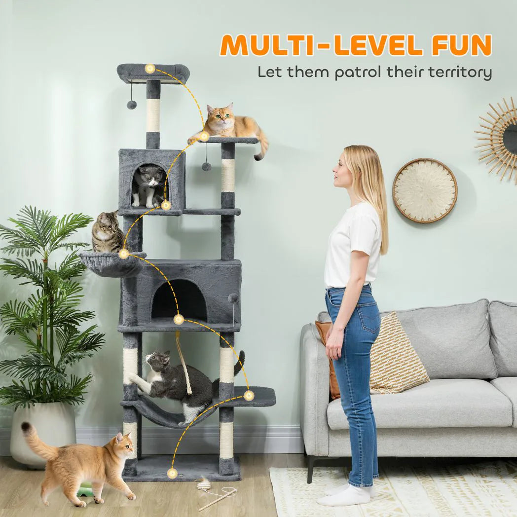 PawHut 202cm Large Cat Tree with 6 Scratching Posts, 2 Hammocks, 2 Condos – Indoor Cat Tower