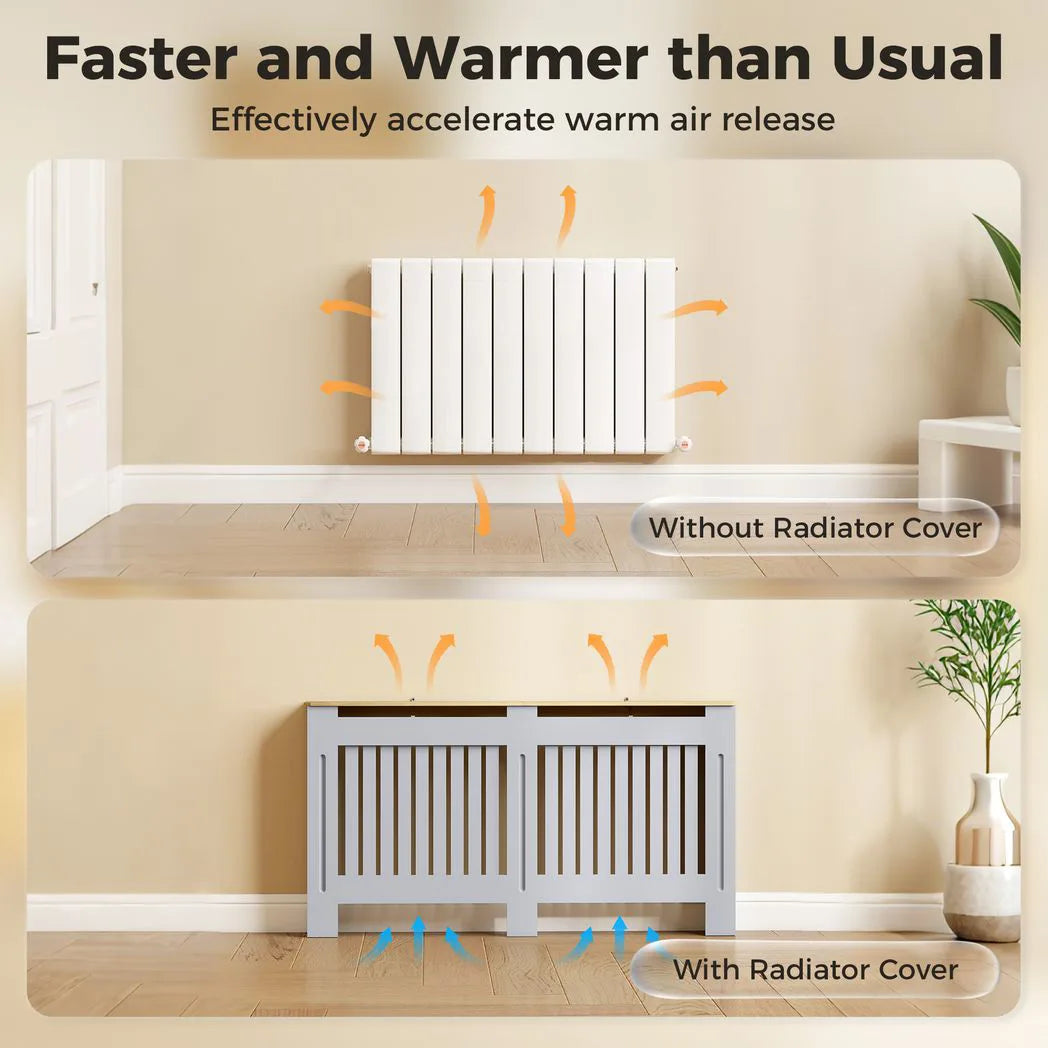 HOMCOM 152cm Slatted Radiator Cover, Painted Cabinet with Line Grill Design and Top Shelf – Grey