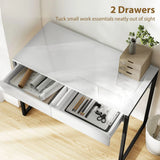 HOMCOM High Gloss Work Table with Two Handleless Drawers and Steel Frame – Home Office Desk, White