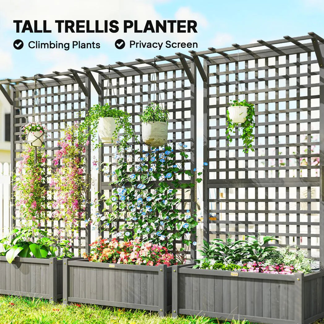 Outsunny Raised Garden Bed with Trellis and Hanging Roof, Fir Wood Planter with Drainage Holes for Vegetables & Flowers, Dark Grey