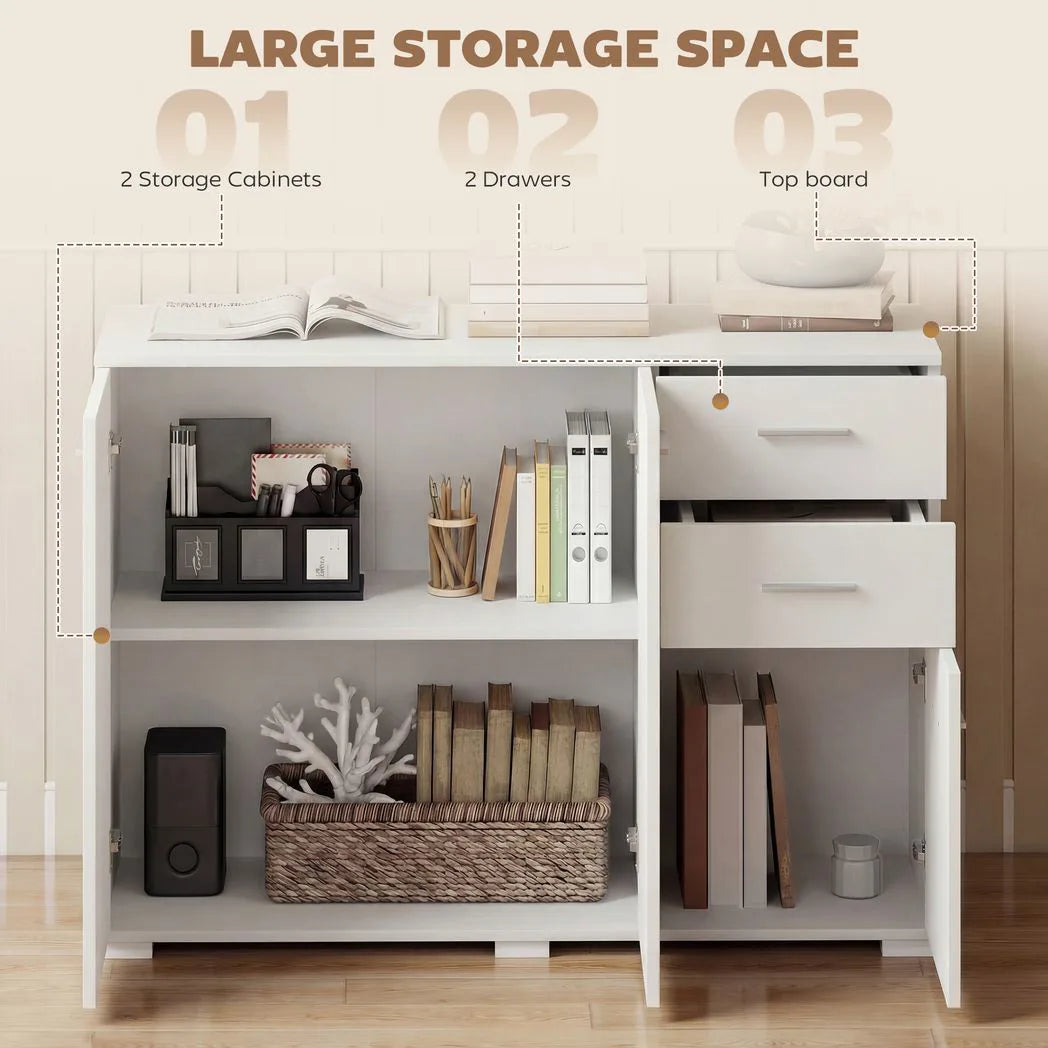 HOMCOM Modern Sideboard with 2 Drawers, 3 Doors and Adjustable Shelves – Kitchen and Dining Storage Cabinet, White