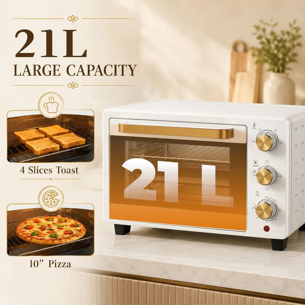 HOMCOM 21L Mini Countertop Oven with Adjustable 100–230°C Temperature and 60-Minute Timer – Compact Oven, White