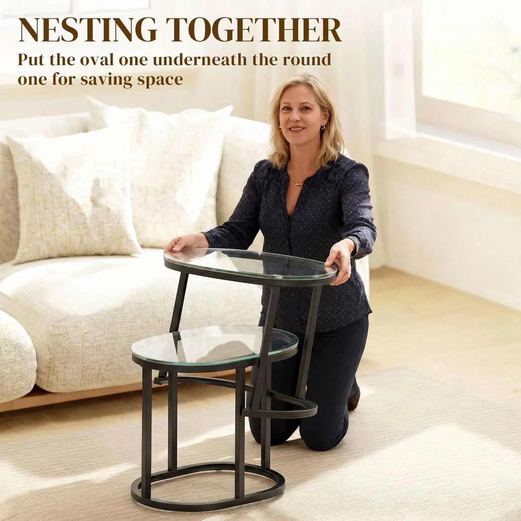 HOMCOM Nest of 2 Coffee Tables with Steel Frame and Tempered Glass Tops – Round and Oblong Side Tables, Black
