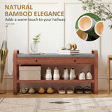 HOMCOM Bamboo Shoe Bench with 2 Drawers & Cushioned Seat, 105 cm – Dark Brown & Grey