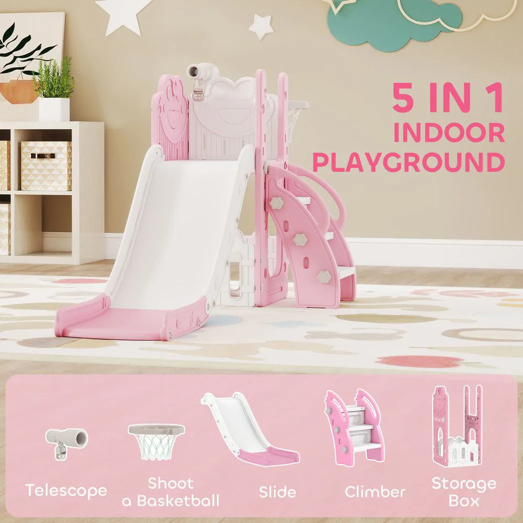 AIYAPLAY 5 in 1 Kids Slide Set with Basketball Hoop, Climbing Frame, Telescope & Storage Box – Toddlers 1-3