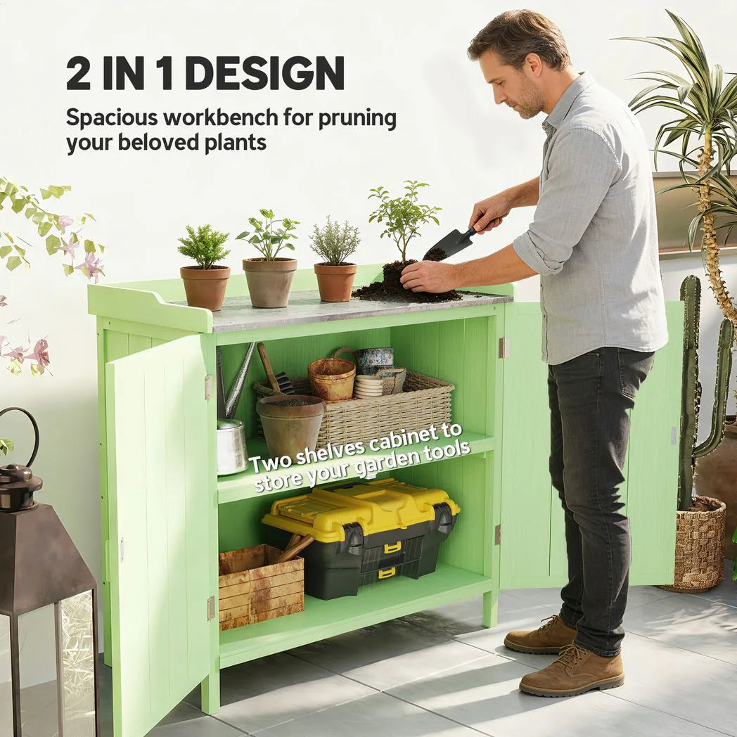 Outsunny Wooden Garden Storage Cabinet with Galvanised Top – 2-in-1 Potting Bench and Tool Shed, Green