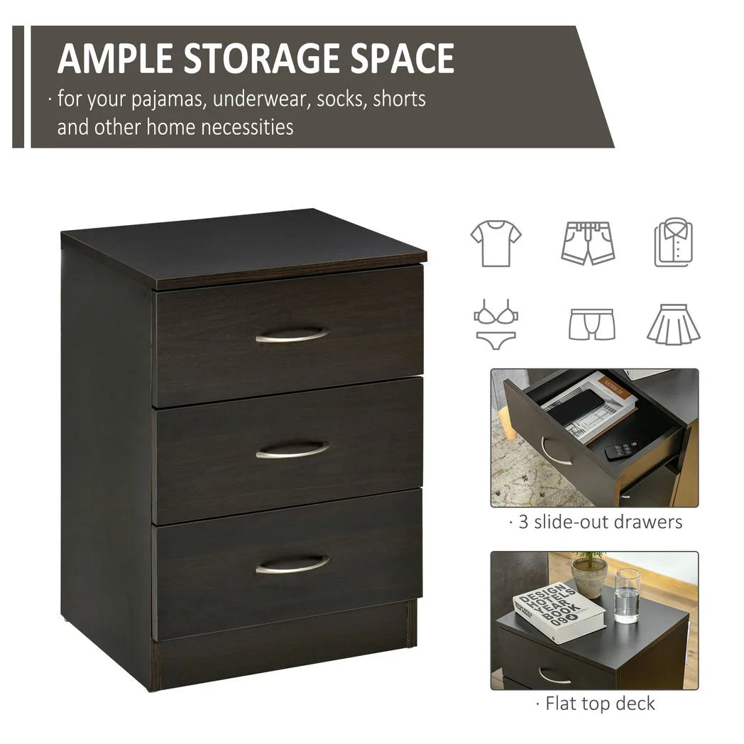 HOMCOM Three-Drawer Bedside Table with Wood-Effect Finish & Non-Slip Feet – Bedroom Nightstand, Black