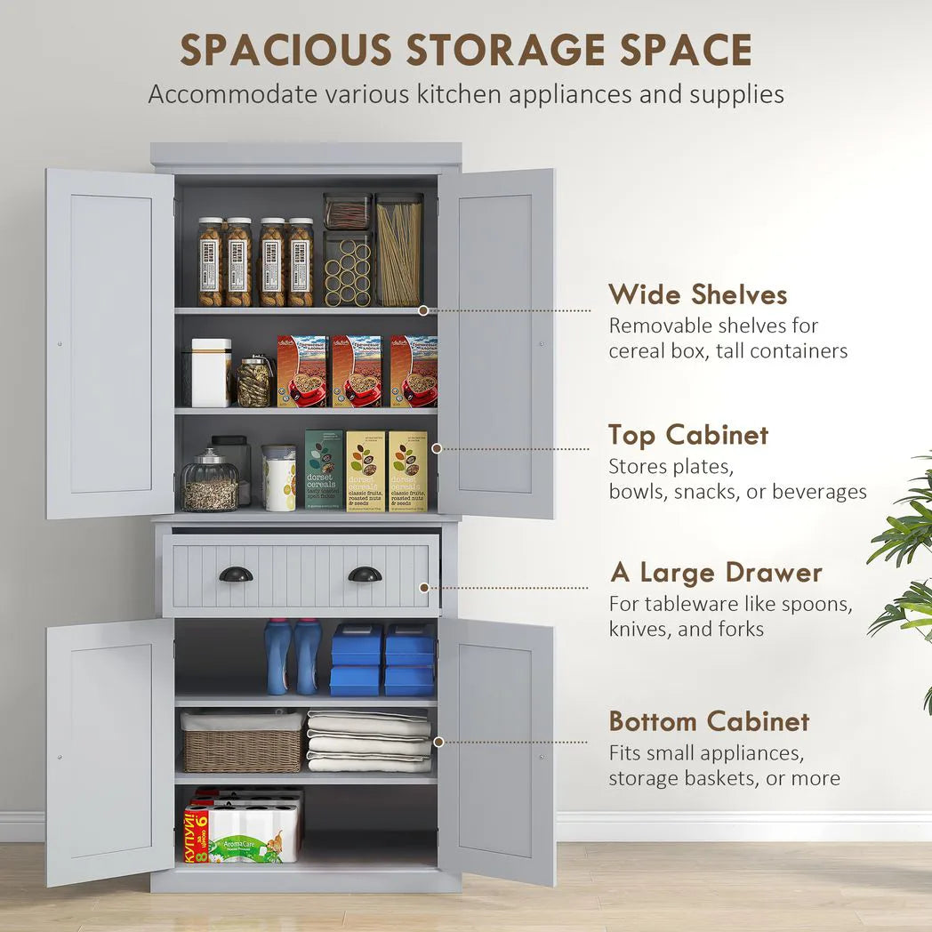 HOMCOM Mid-Century Kitchen Cabinet with Sliding Drawer and Adjustable Shelves – Larder Cupboard, Grey