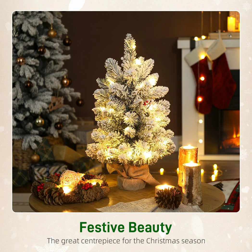HOMCOM 60 cm Prelit Tabletop Christmas Tree with 35 LEDs and Timer – Snow Flocked Mini Tree, Battery Operated