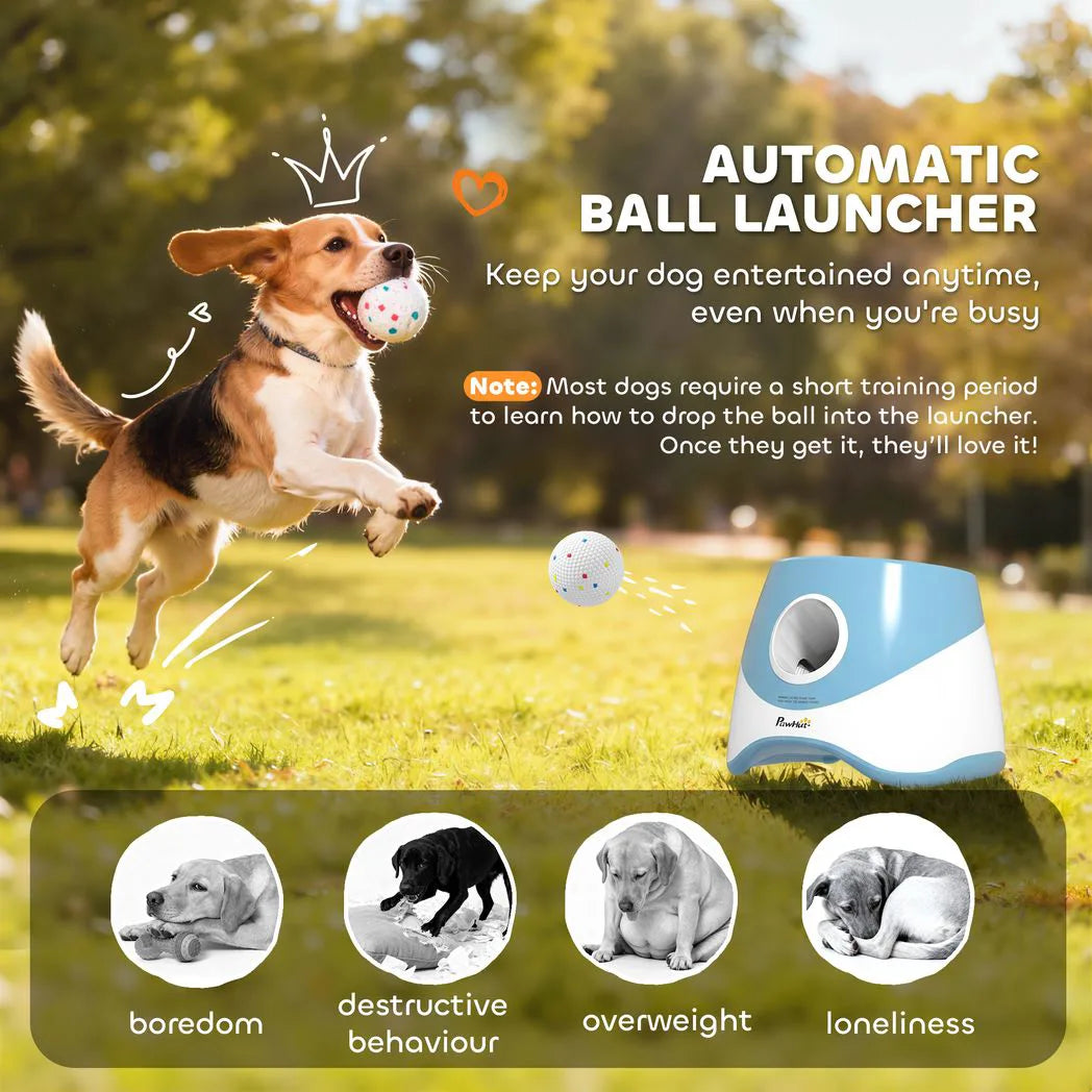 PawHut Automatic Dog Ball Launcher with 5 ETPU Balls, 6/10/14m Settings – Rechargeable Fetch Toy, Blue