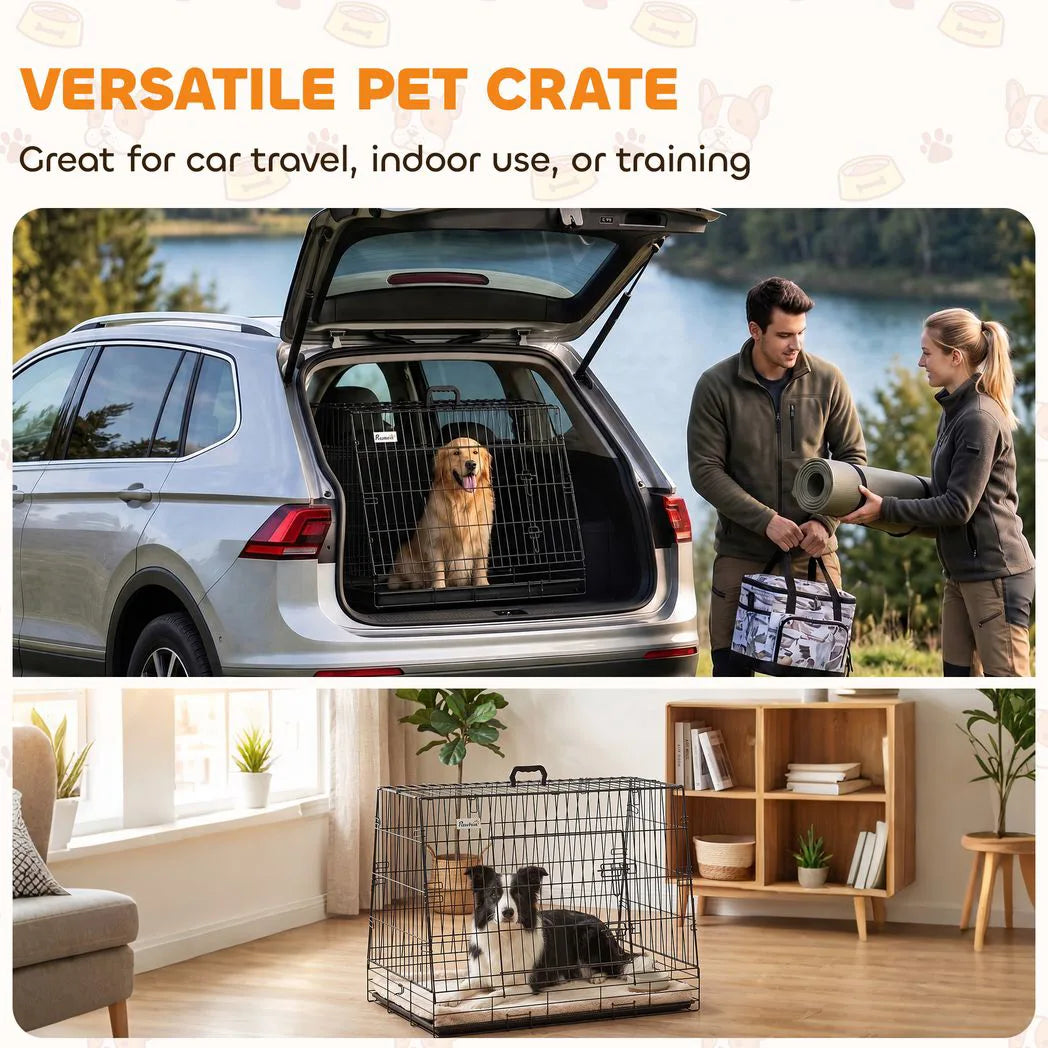 PawHut 90 cm Collapsible Slanted Car Dog Crate with Tray – Foldable Travel Cage for Medium to Large Dogs