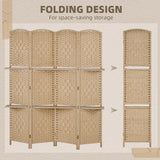 HOMCOM 4 Panel Folding Room Divider with 2 Shelves – Diamond Weave Privacy Screen, 160 x 170cm, Natural