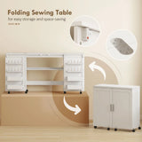 HOMCOM Folding Sewing Table with 2 Magnetic Doors and Lockable Wheels – Craft Cabinet, White