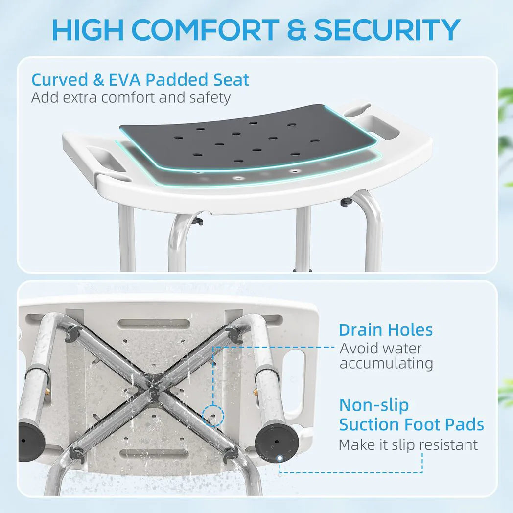 HOMCOM Height Adjustable Shower Chair with Aluminium Frame, Non-Slip Feet and Padded EVA Seat, Grey