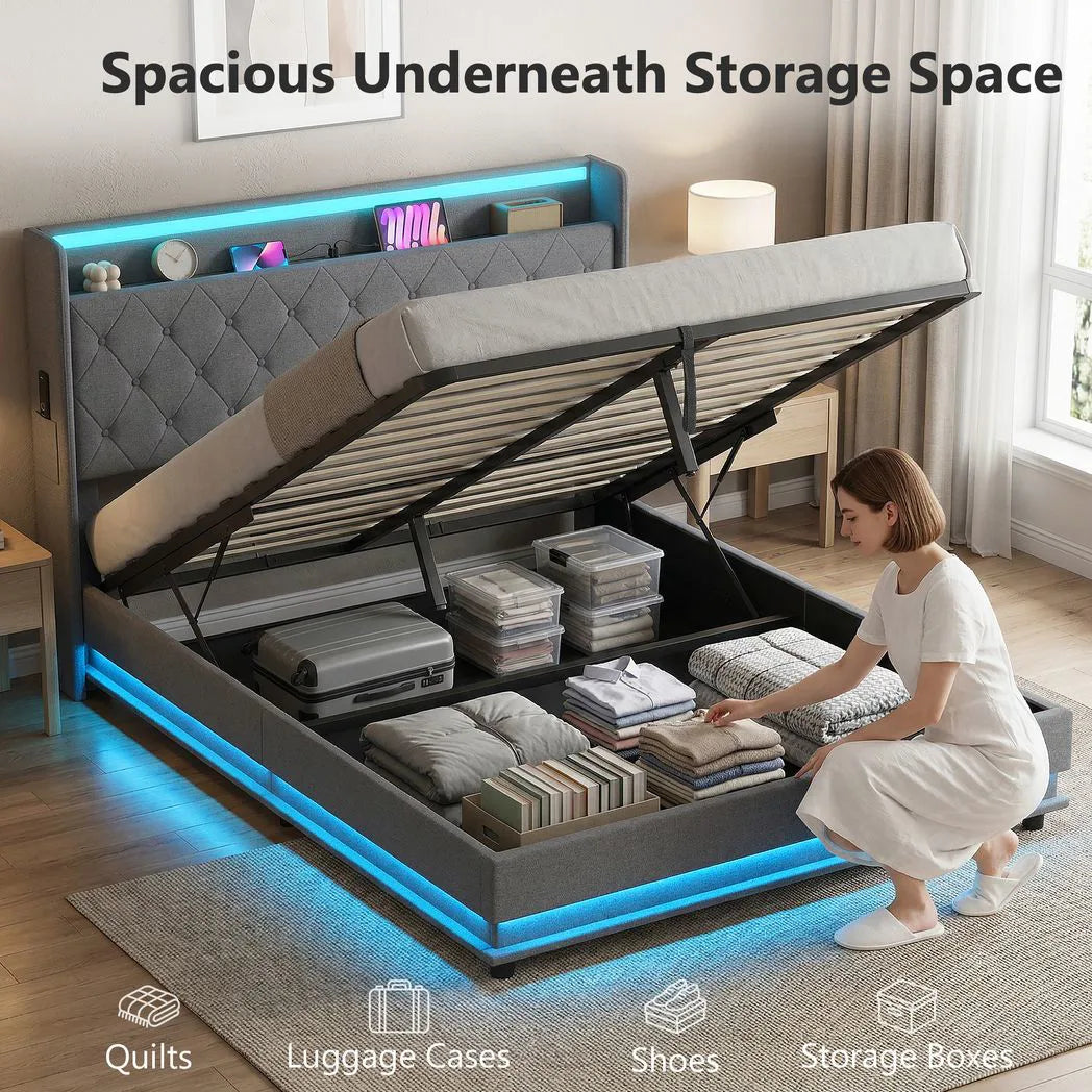HOMCOM 5ft King Bed Frame with Hydraulic Storage, LED Lights and Charging Station – Ottoman Bed, Grey