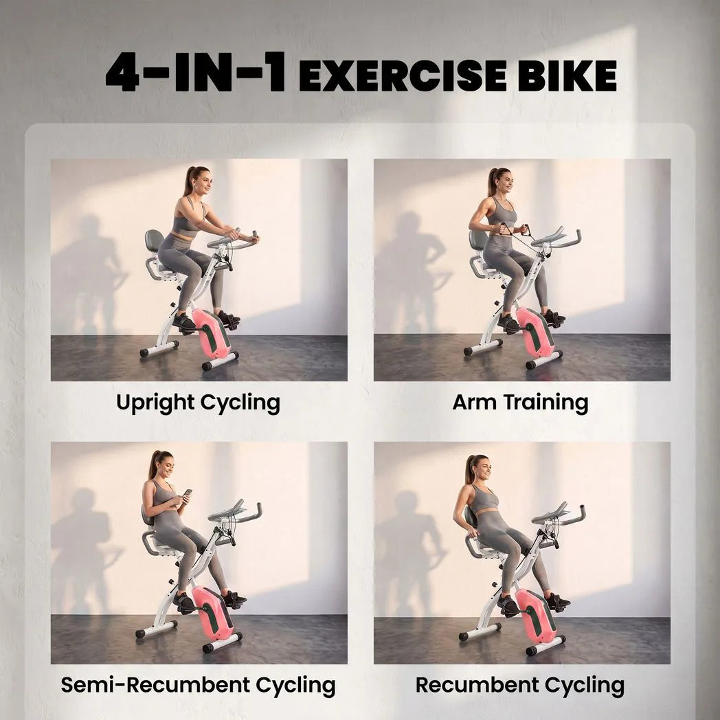 SPORTNOW 4-in-1 Folding Exercise Bike with Resistance Bands, 8-Level Magnetic Resistance & Bluetooth – Home Cardio, Pink