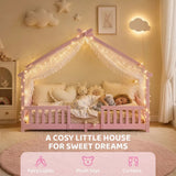 AIYAPLAY Wooden House Kids Single Bed with Dual Guardrails – Solid Pine, Pink, Fits 90 x 200 cm Mattress