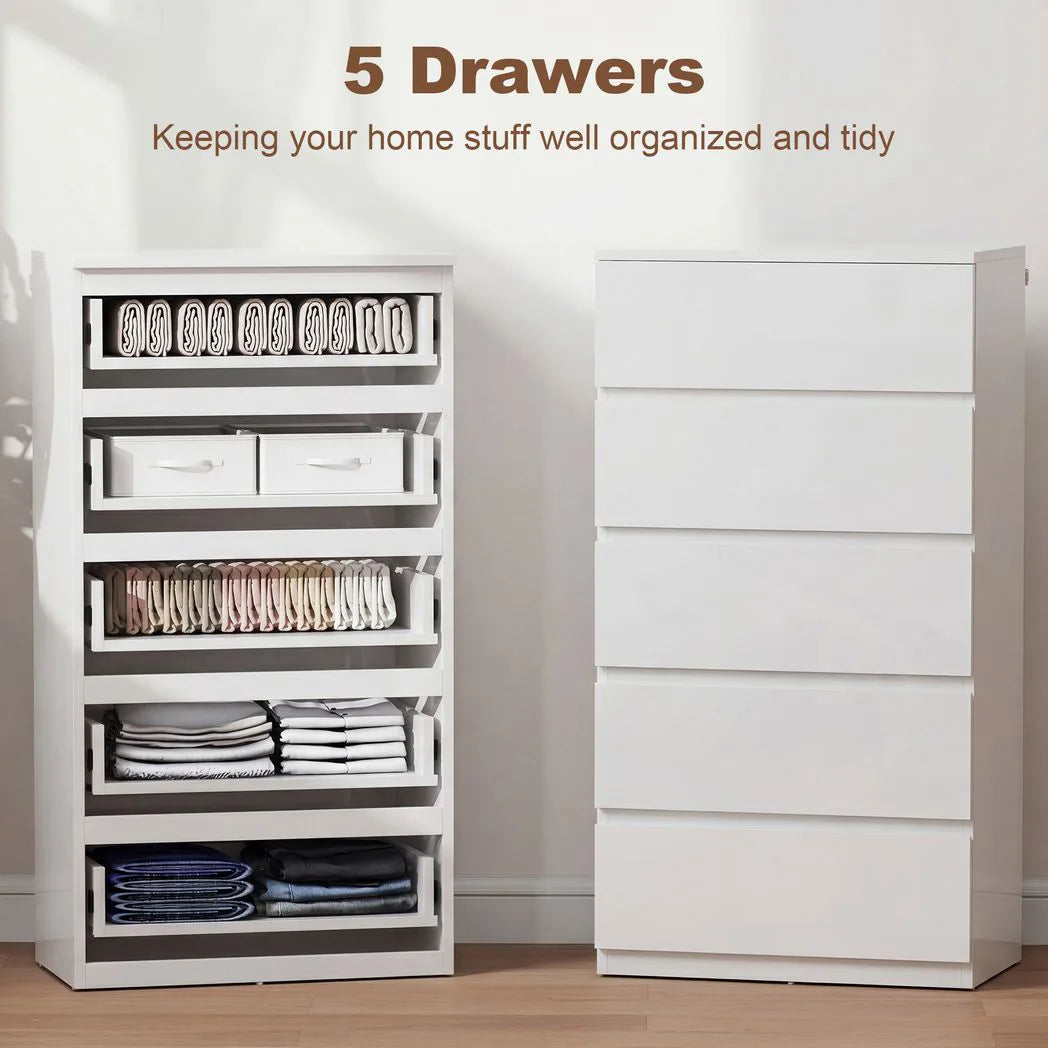 HOMCOM 5-Drawer Chest of Drawers with Handle-Free High Gloss Fronts & Soft-Close – Modern Bedroom Storage Unit