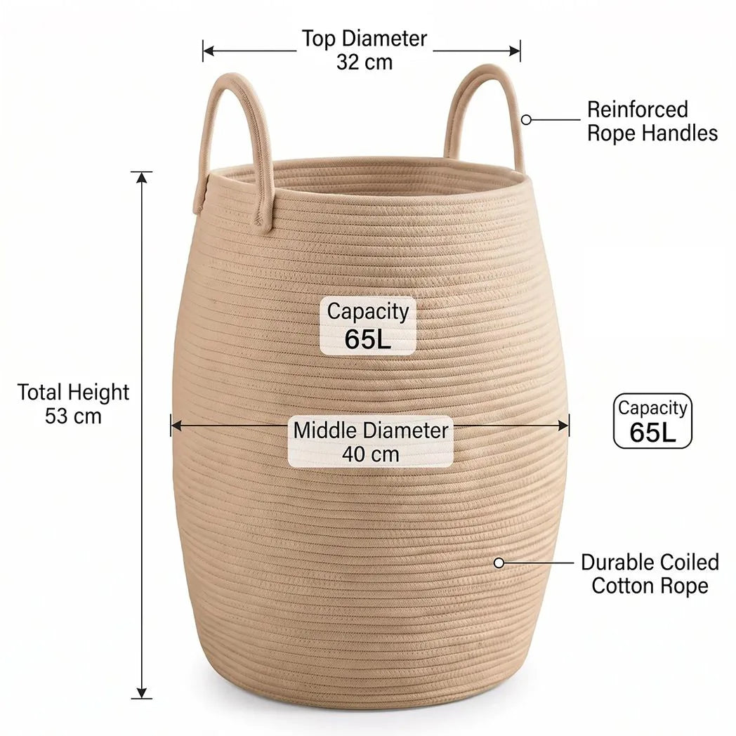 65L Foldable Laundry Basket with Handles – Fabric Washing Hamper & Storage Bin, Modern Minimalist, Beige