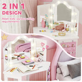 AIYAPLAY Kids Dressing Table and Stool Set with 2-Colour LED Lights, Tri-Folding Mirror and Side Pocket, White