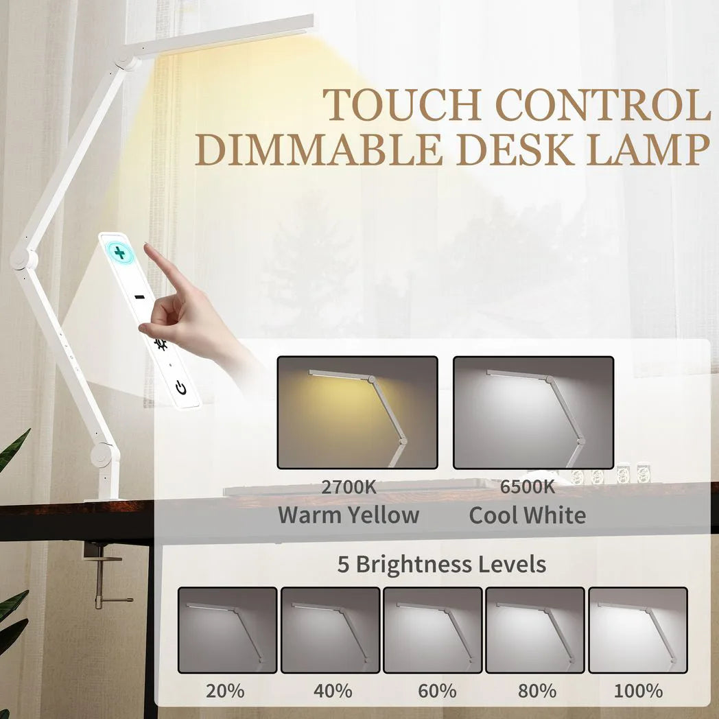 HOMCOM LED Desk Lamp with Clamp & Swing Arm, 2 Colour Modes, 5 Brightness Levels – Study Task Light, White