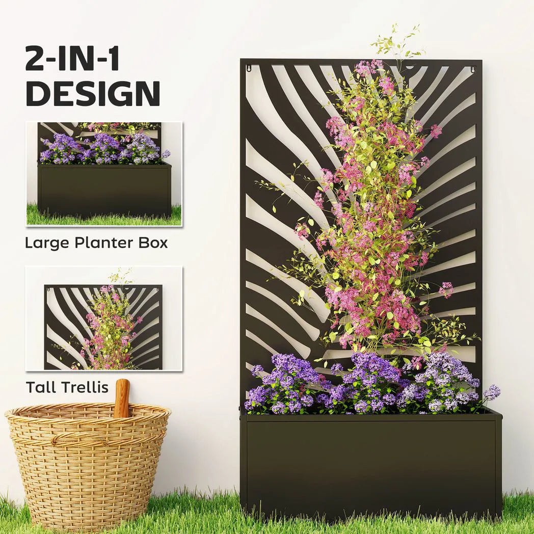 Outsunny Metal Raised Garden Bed with Trellis & Privacy Screen – Wall-Mounted or Freestanding Planter, 29L