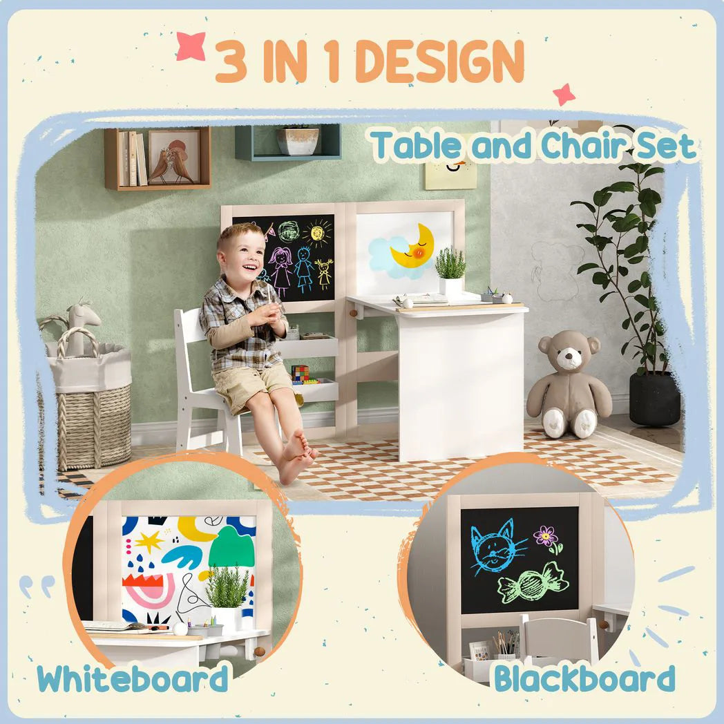 AIYAPLAY 3-in-1 Kids Table and Chair Set with Storage, Whiteboard and Blackboard – Ages 3-8, White