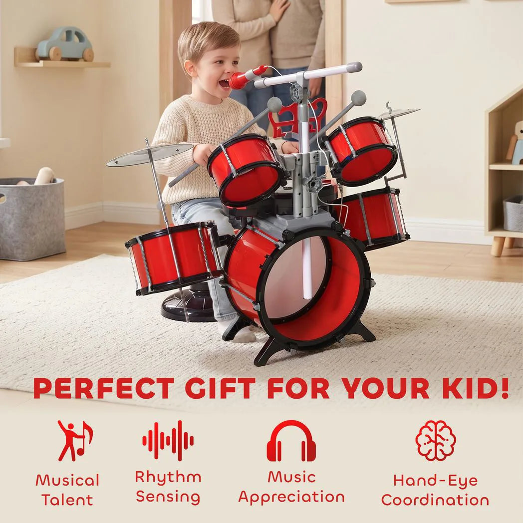 HOMCOM Kids Drum Set with Toy Microphone, Keyboard, Cymbals, Pedal & Stool – Educational Musical Toy for Beginners, Red