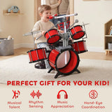 HOMCOM Kids Drum Set with Toy Microphone, Keyboard, Cymbals, Pedal & Stool – Educational Musical Toy for Beginners, Red