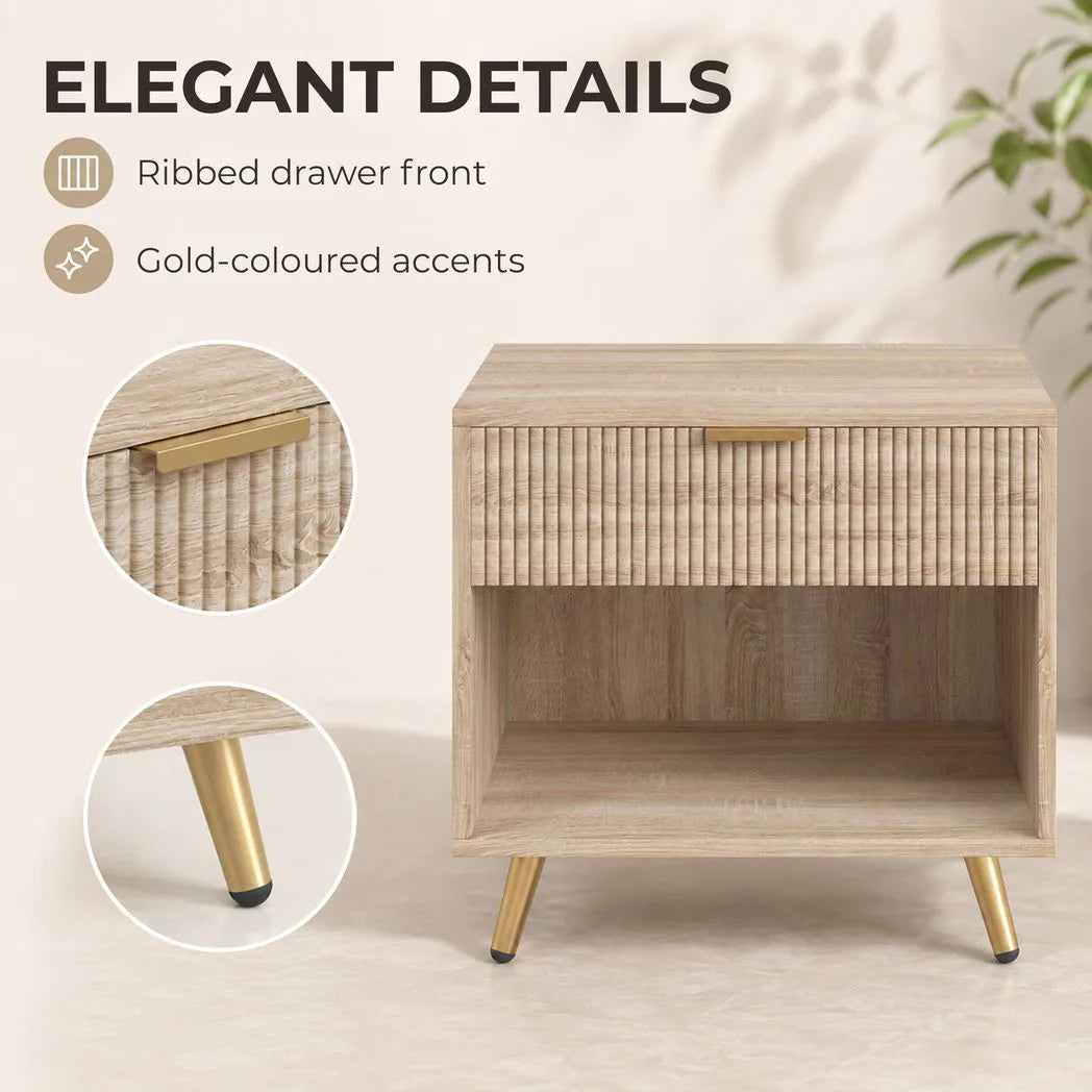 HOMCOM Bedside Table with Drawer and Open Compartment – Bedroom Nightstand, Natural Wood Finish