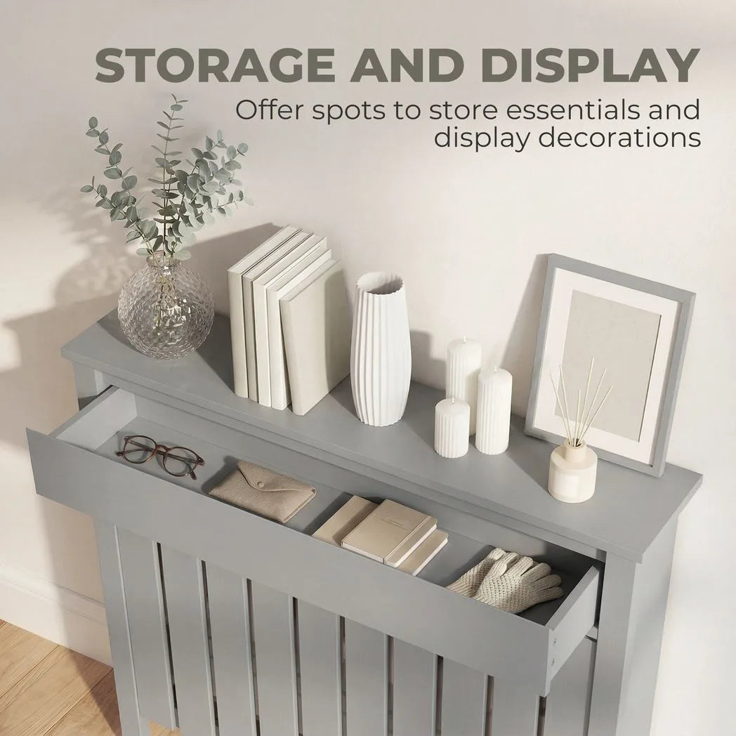 HOMCOM Rustic-Look Radiator Cover with Top Drawer, 93 x 88.5cm – Slimline Heater Guard, Grey