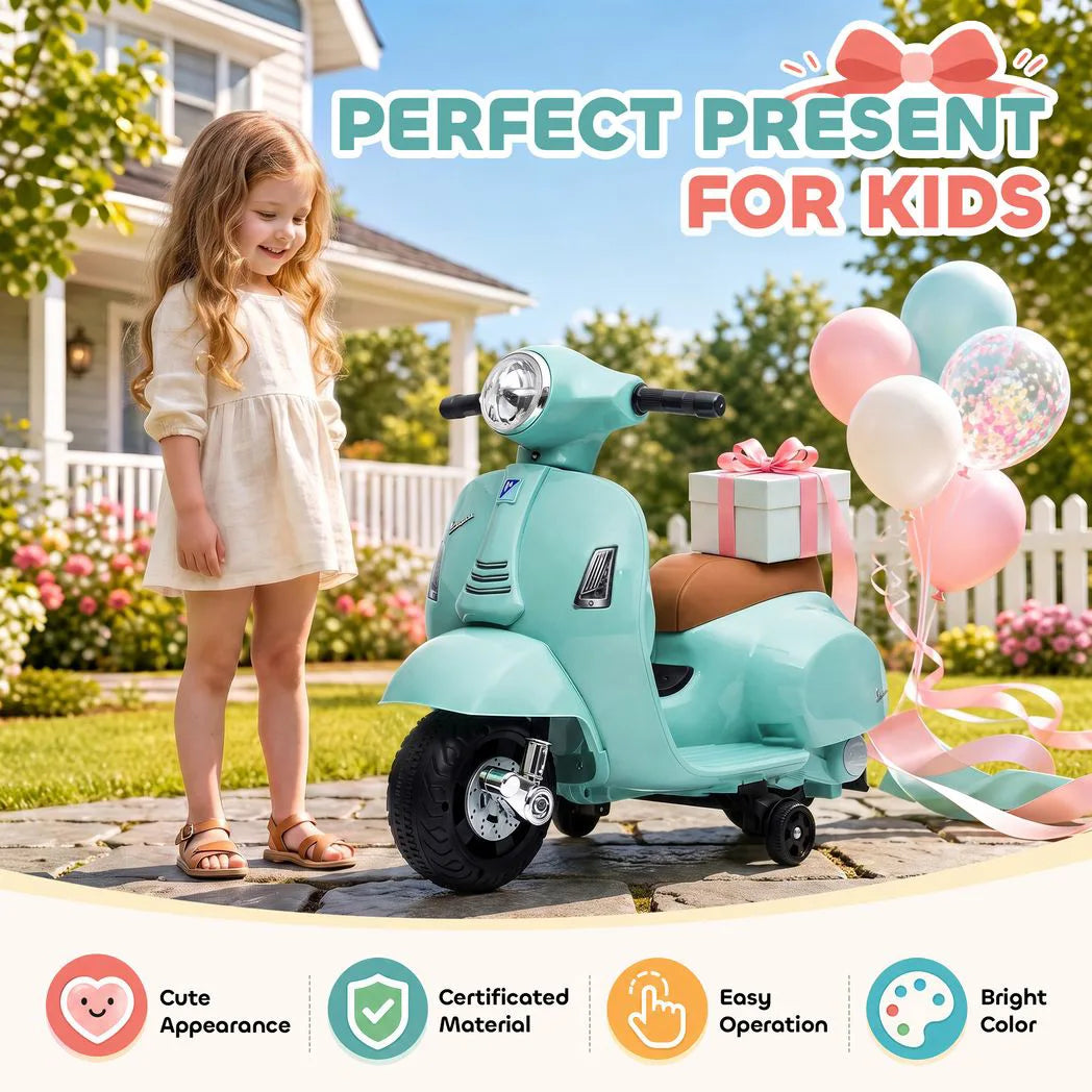 HOMCOM Vespa Licensed 6V Kids Electric Motorbike with Training Wheels and Horn – Ride-On, 18-36 Months, Green