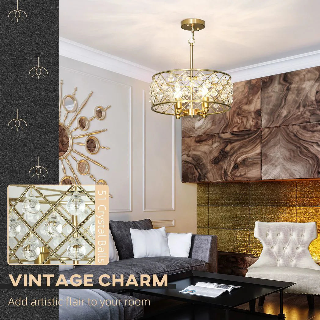 HOMCOM 51 Crystallite Four-Bulb Chandelier with 130 cm Adjustable Chain – Gold-Tone Ceiling Light