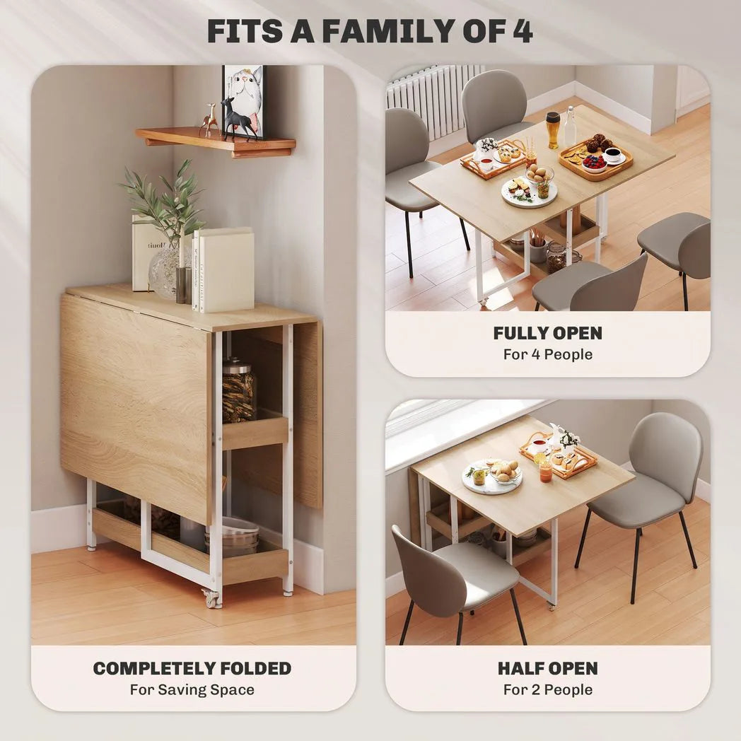 HOMCOM Four-Person Drop Leaf Dining Table with 2 Shelves and Wheels – Space-Saving, Wood-Effect