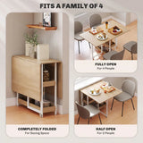 HOMCOM Four-Person Drop Leaf Dining Table with 2 Shelves and Wheels – Space-Saving, Wood-Effect
