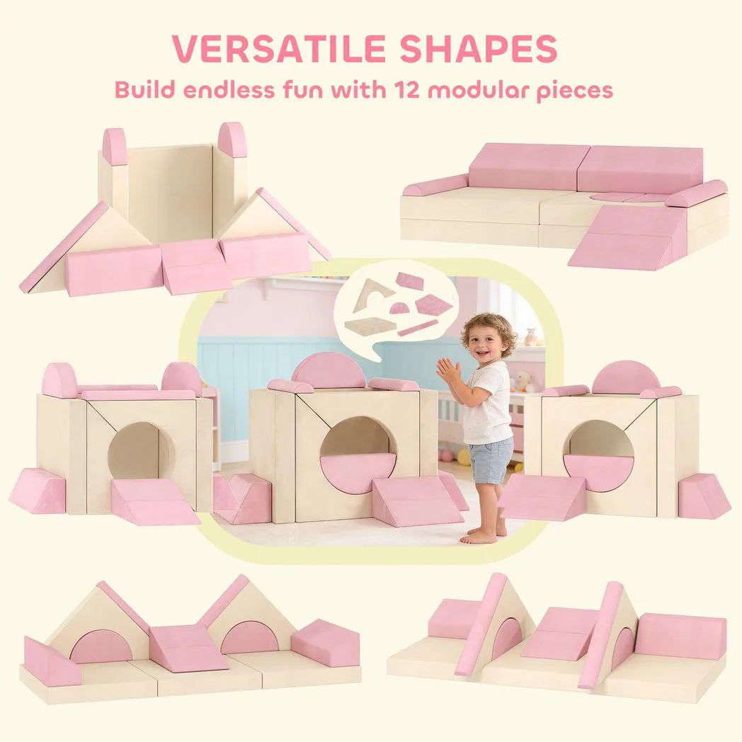 AIYAPLAY 12-Piece Foam Modular Soft Play Set with Slide – Kids Convertible Play Sofa for Playroom, Pink